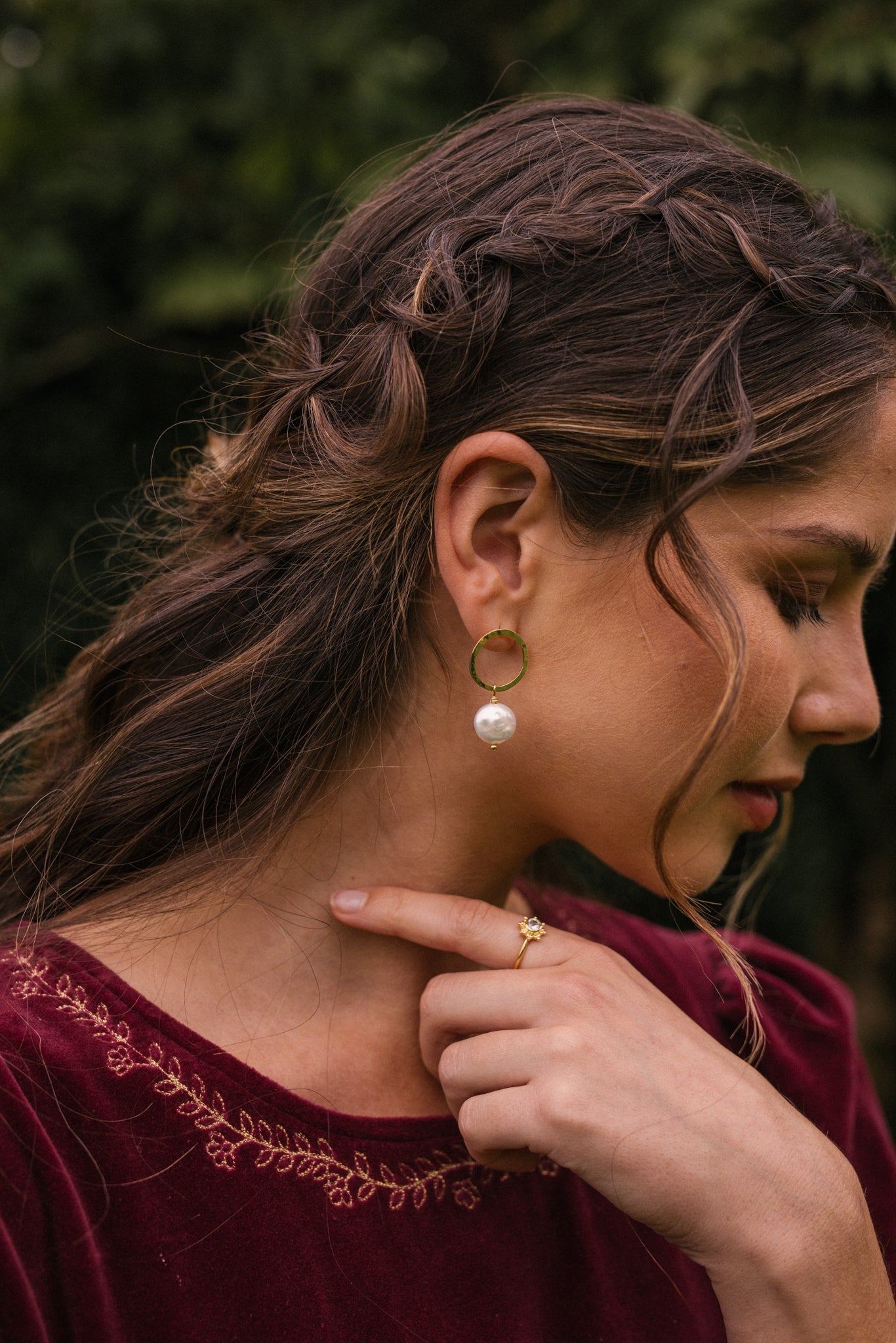 Open Circle Gold Stud Earrings with Pearl Drop