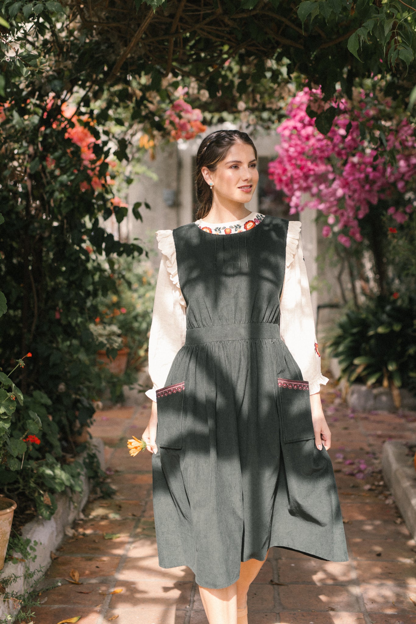 Alexandra Corduroy Pinafore in Bottle Green