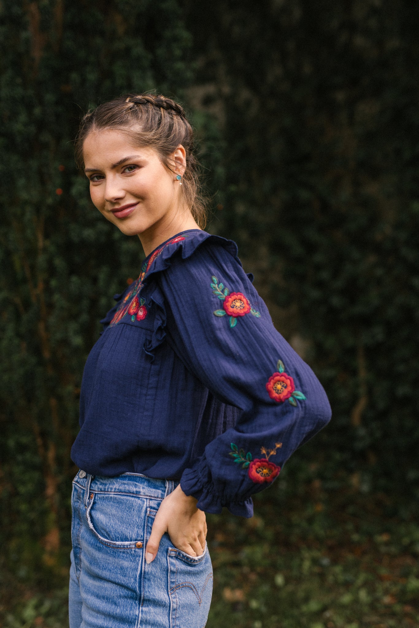 Nadia Embroidered Blouse in Midnight