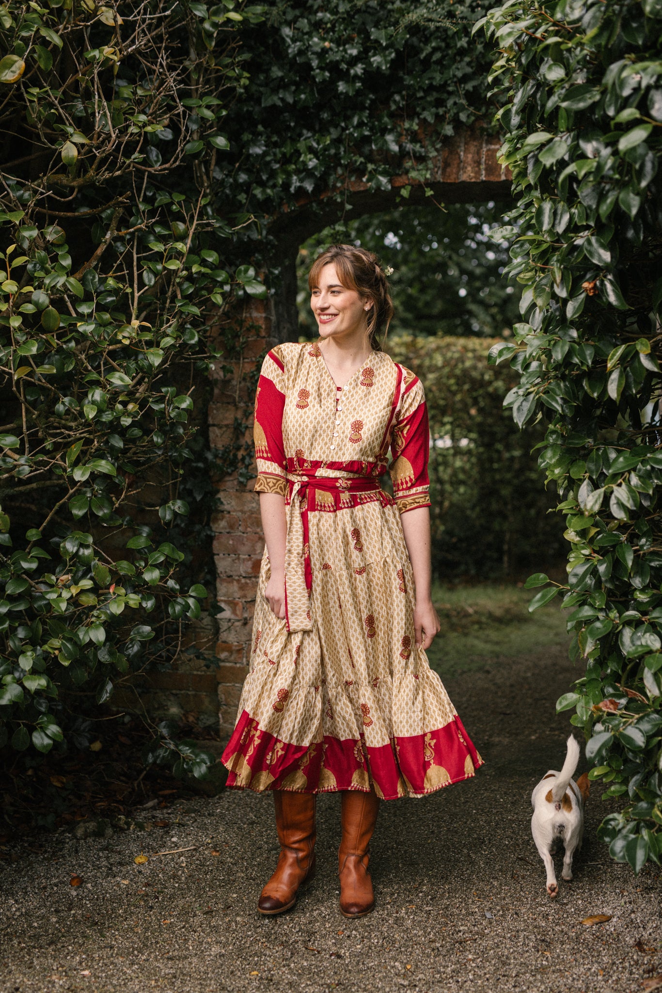 Prairie V-neck Silk Dress S - Gold/Deep Red Print 056