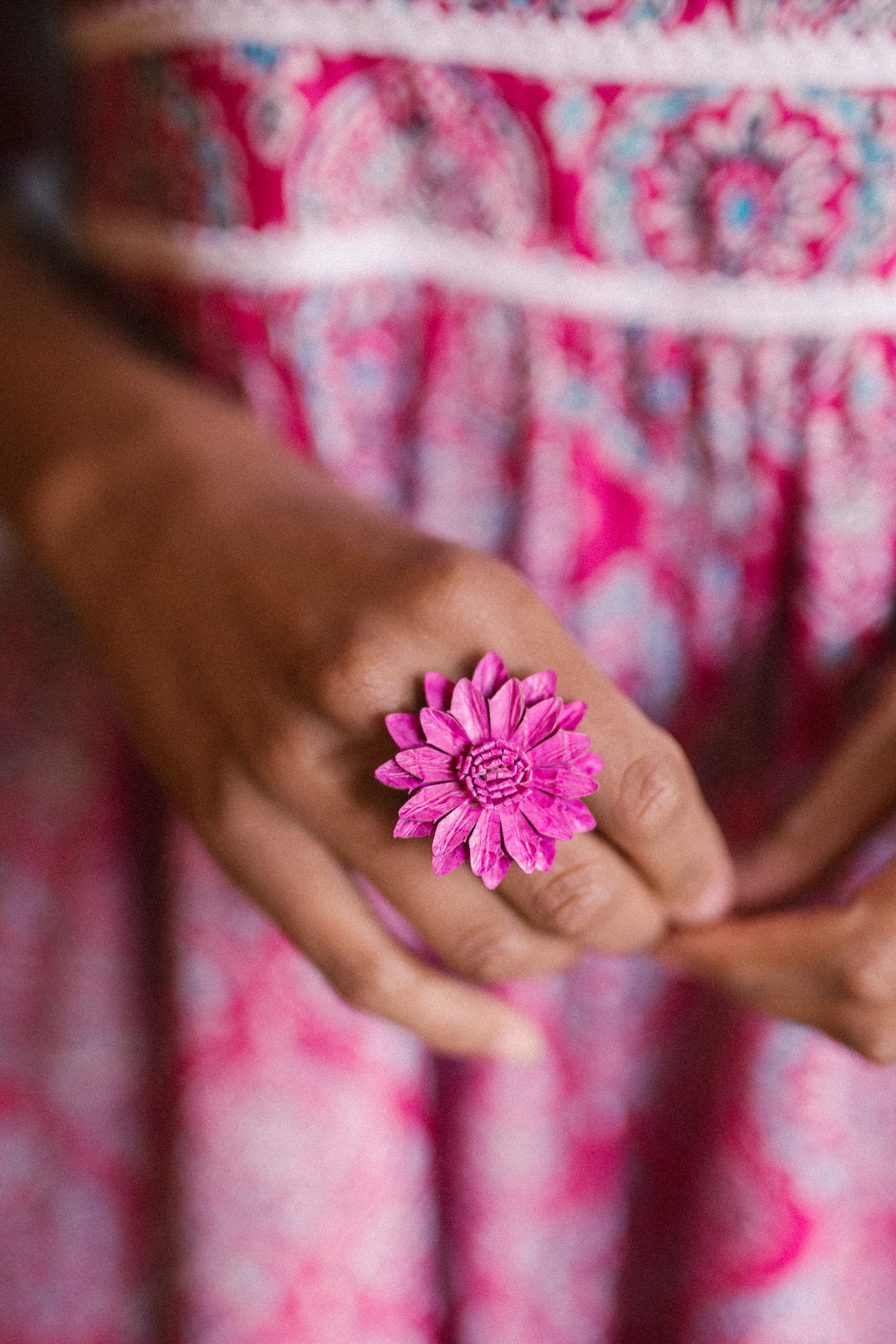 Leather Adjustable Sun Flower Ring - Pink (RING 106)