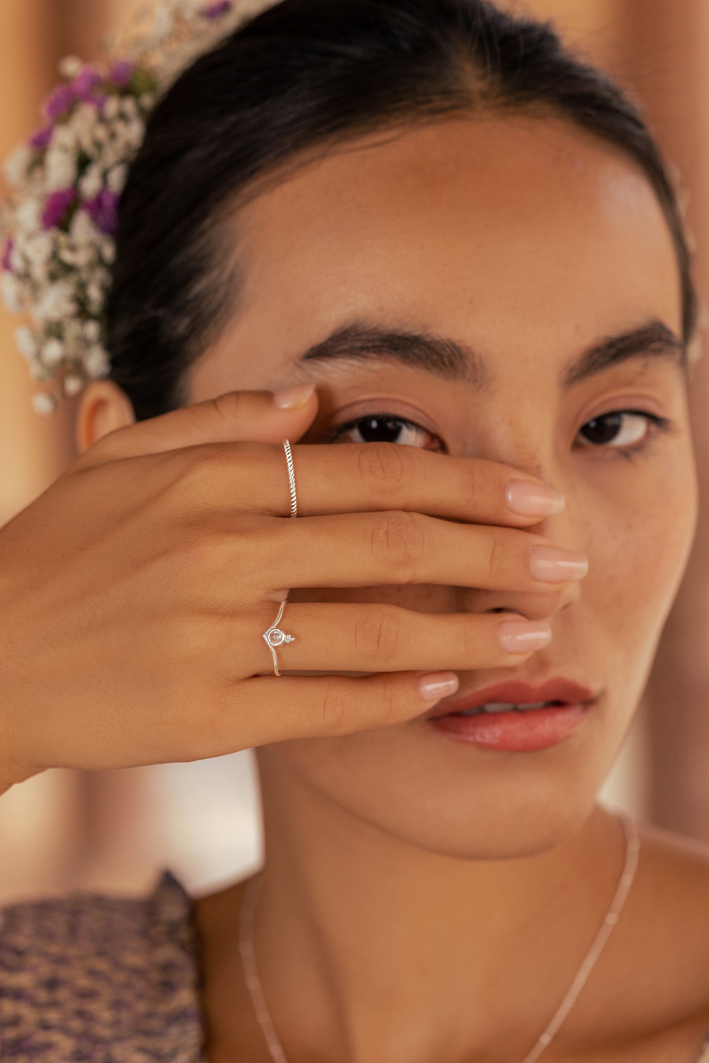 Gaia Wishbone Ring -Sterling Silver Rainbow Moonstone