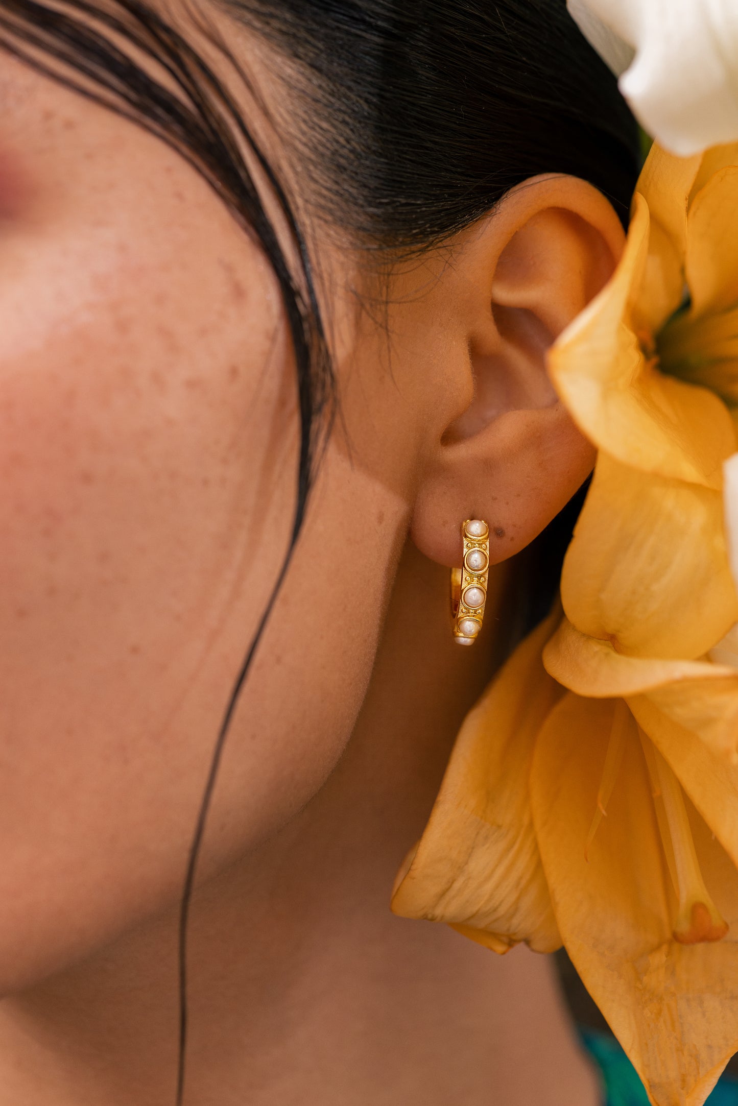 Pearl Hoop Earrings in Gold
