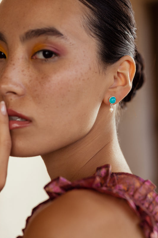 Pearl Drop Earrings Silver -Aqua Chalcedony