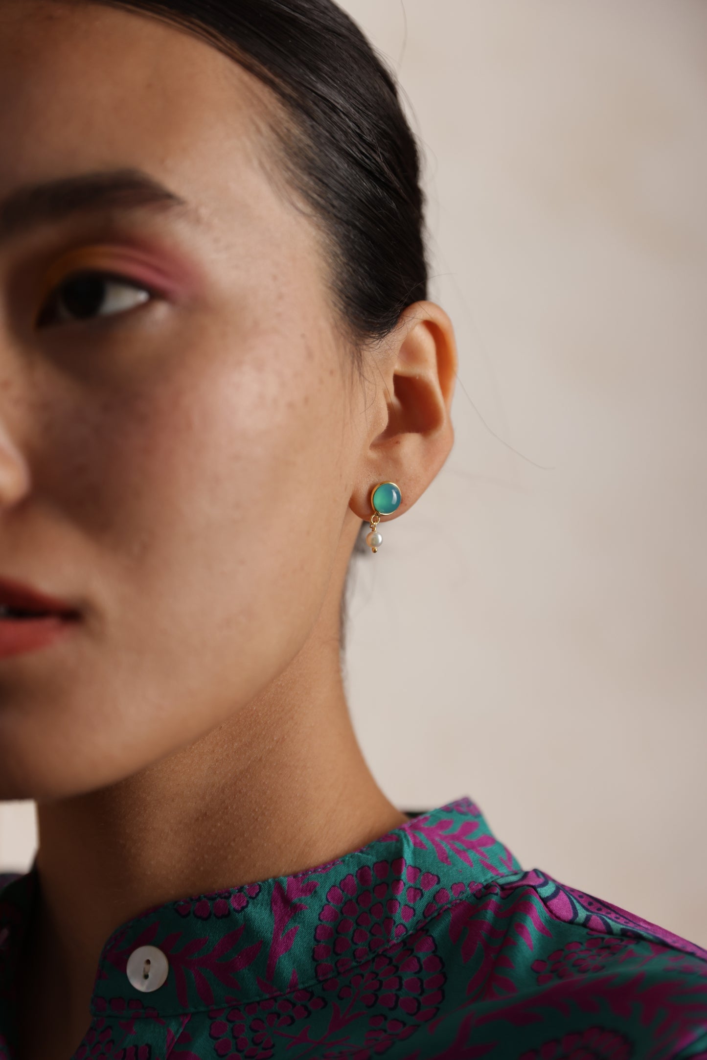 Pearl Drop Earrings Gold -Aqua Chalcedony