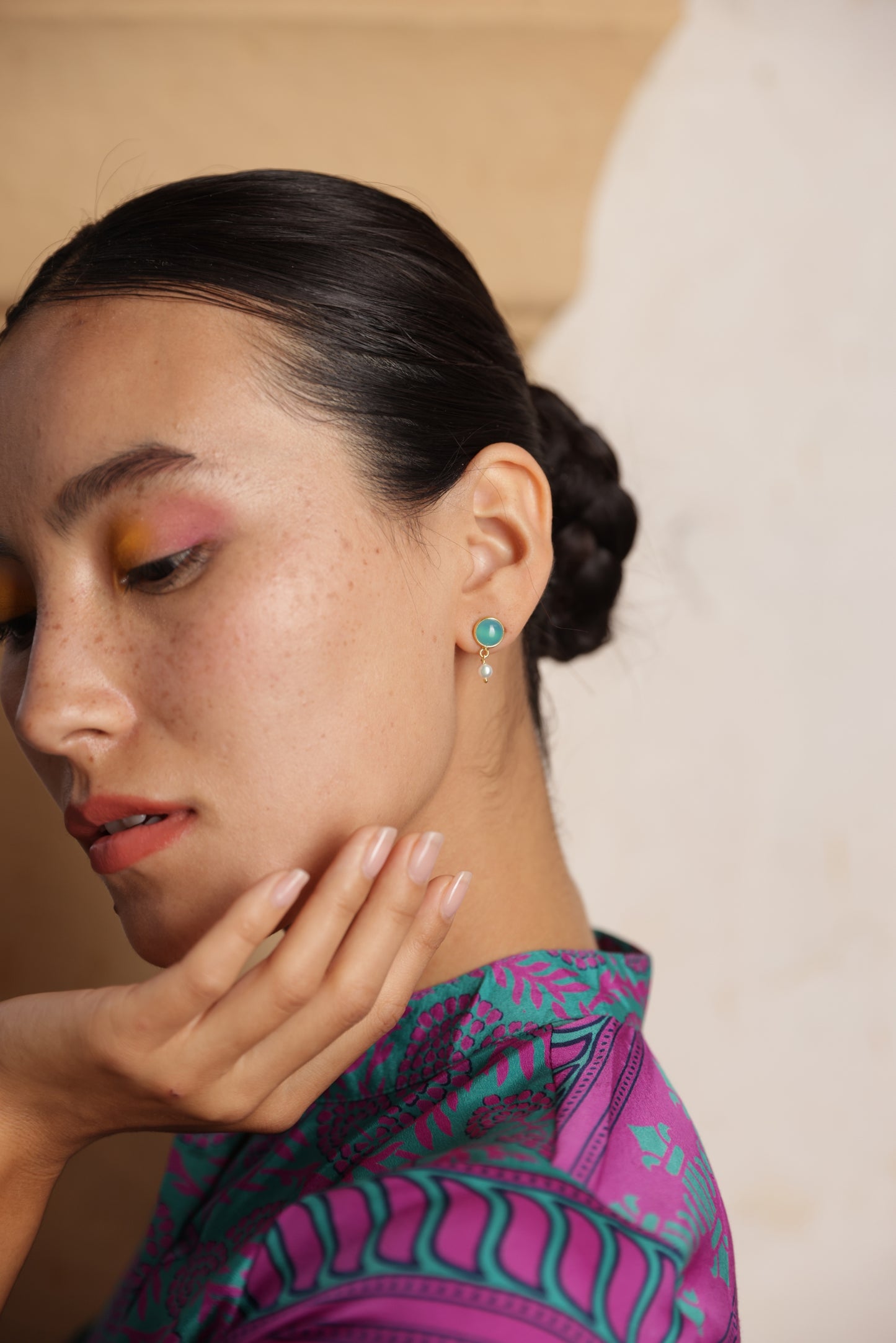 Pearl Drop Earrings Gold -Aqua Chalcedony