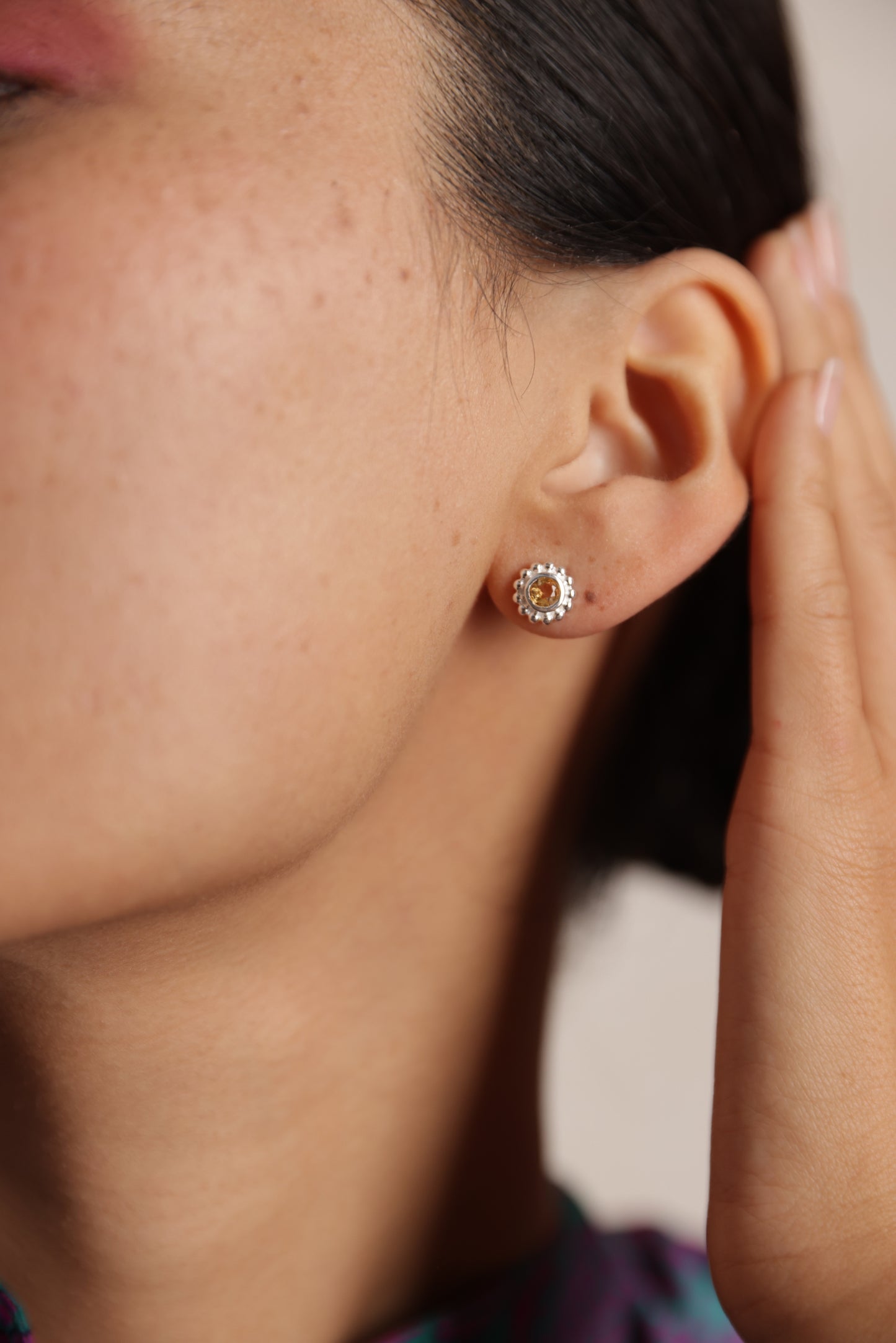 Filigree Stud Earrings in Citrine - Silver
