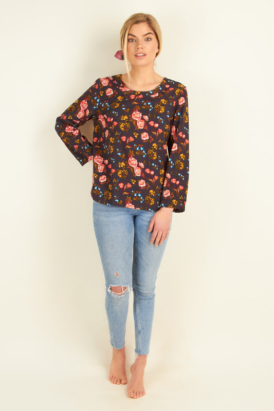 Navy Floral Long Sleeve Top