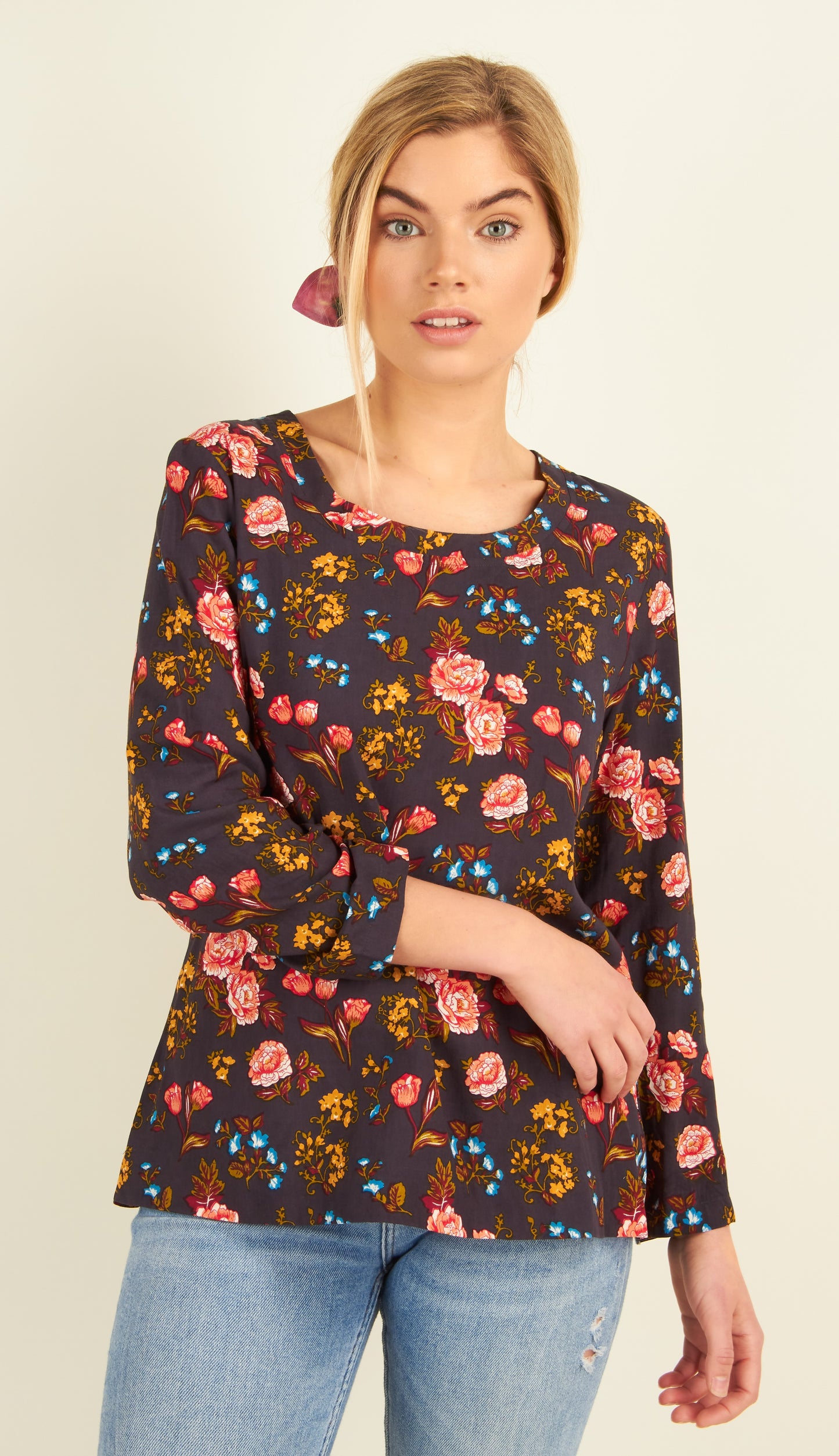 Navy Floral Long Sleeve Top