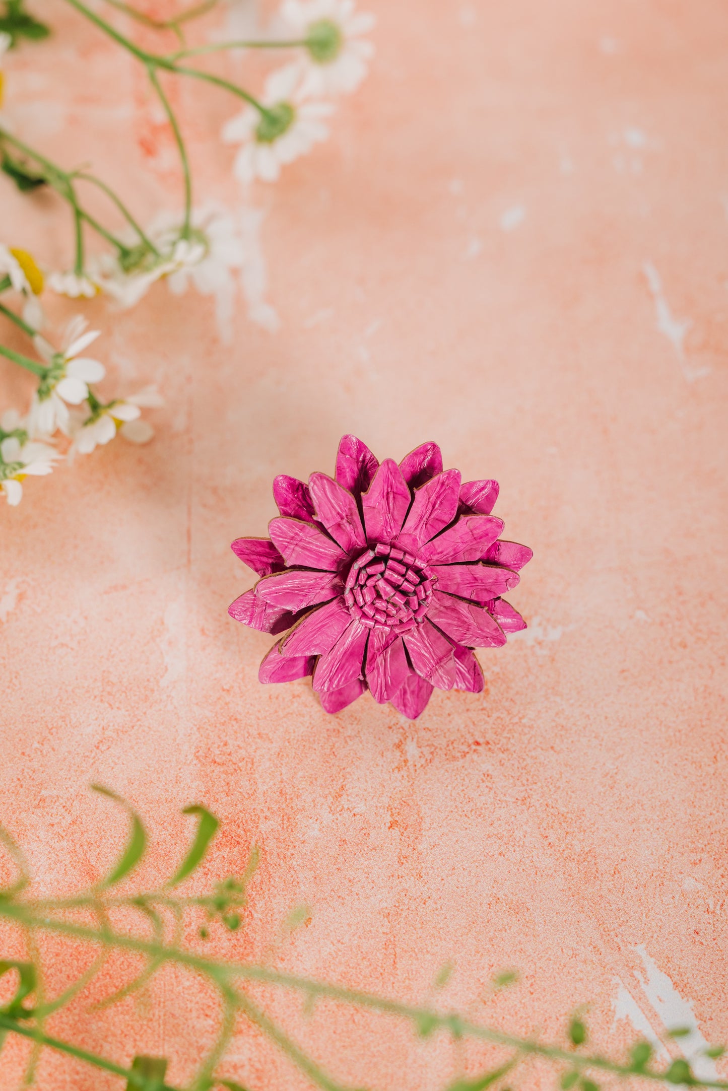 Leather Adjustable Sunflower Ring - Pink (RING 106)