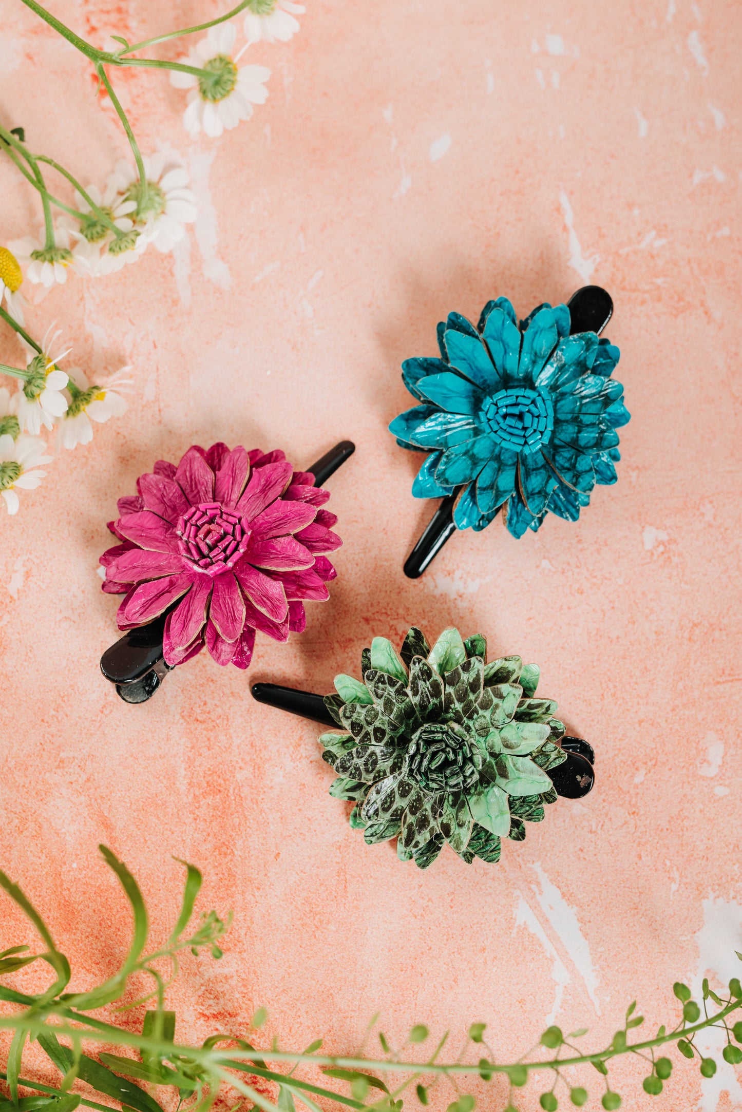 Leather Flower Hair Clip - Pink (HRC 102)