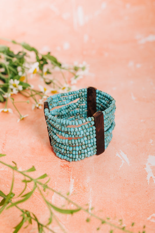 Bracelet Bead & Wood Combination - Aqua (BCBRB 043)