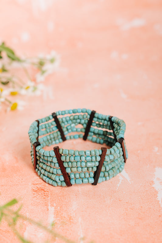 Bracelet Bead & Wood Combination - Aqua (BCBRB 048)