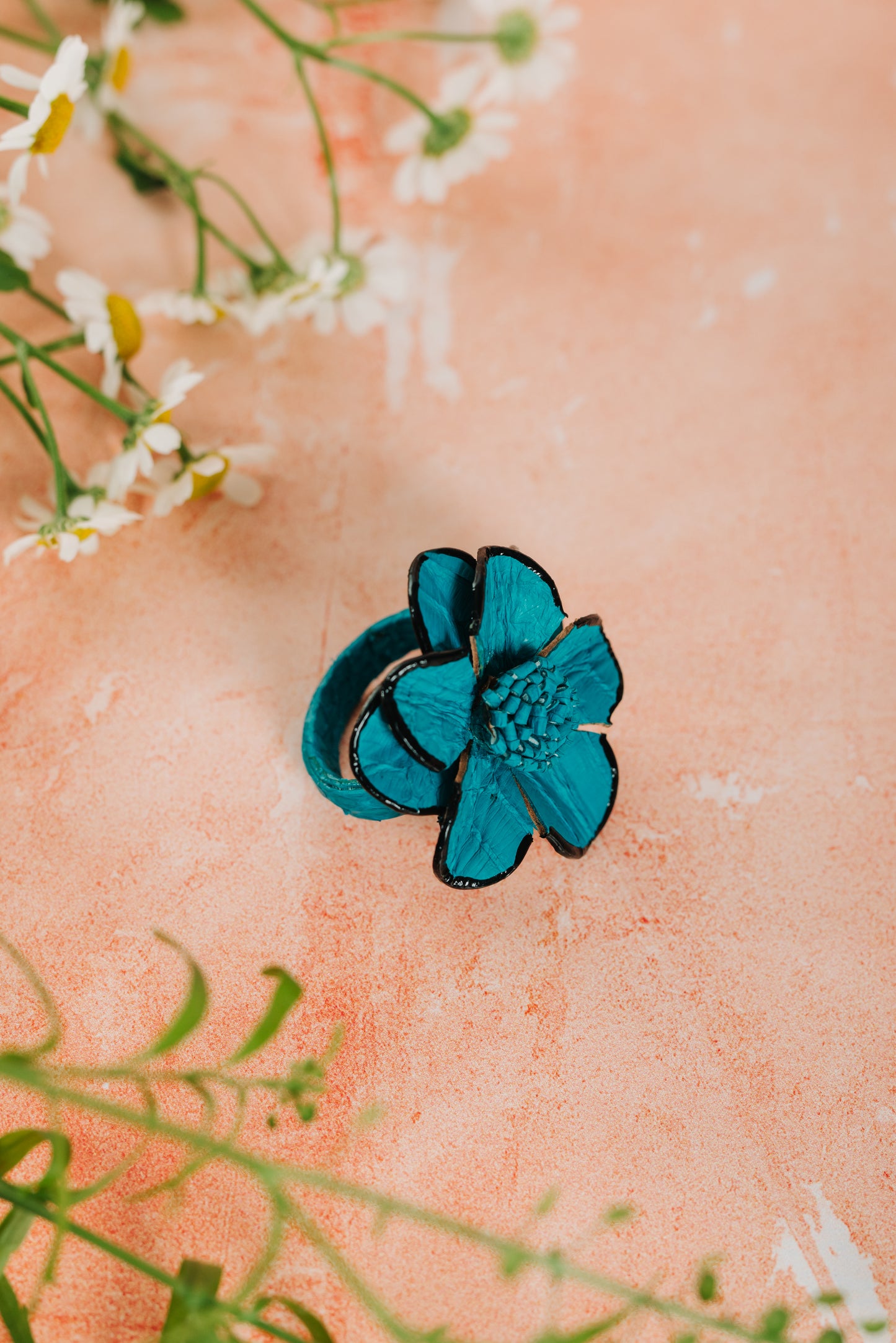 Daisy Leather Adjustable Flower Ring - Turquoise (RING 105)