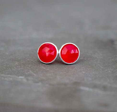 Sterling Silver Round Studs in Pink Chalcedony