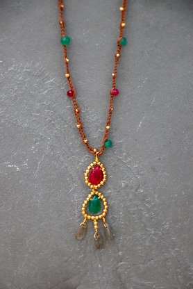 Gold Cotton Necklace with Pink Chalcedony, Green Onyx and Labradorite