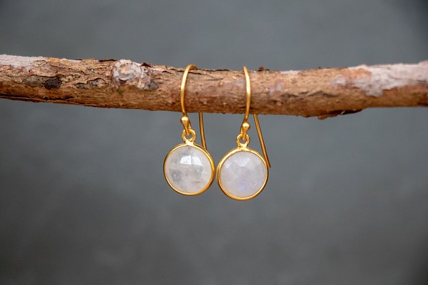 Gold Vermeil Hook Earrings in Rainbow Moonstone