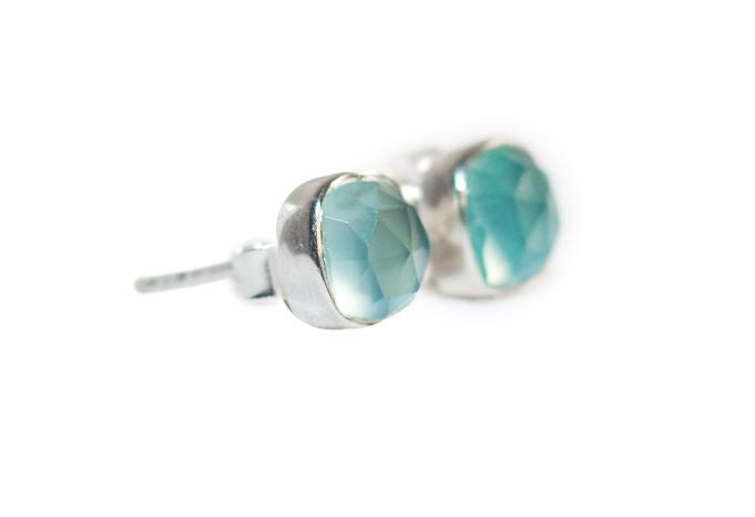 Sterling Silver Square Studs in Aqua Chalcedony