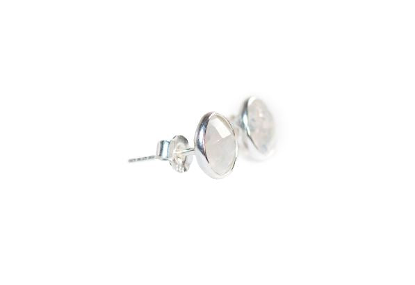 Sterling Silver Round Studs in Rainbow Moonstone