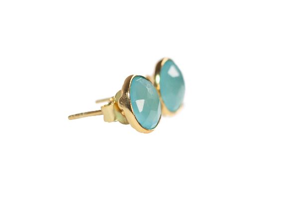 Gold Vermeil Round Stud Earrings in Aqua Chalcedony