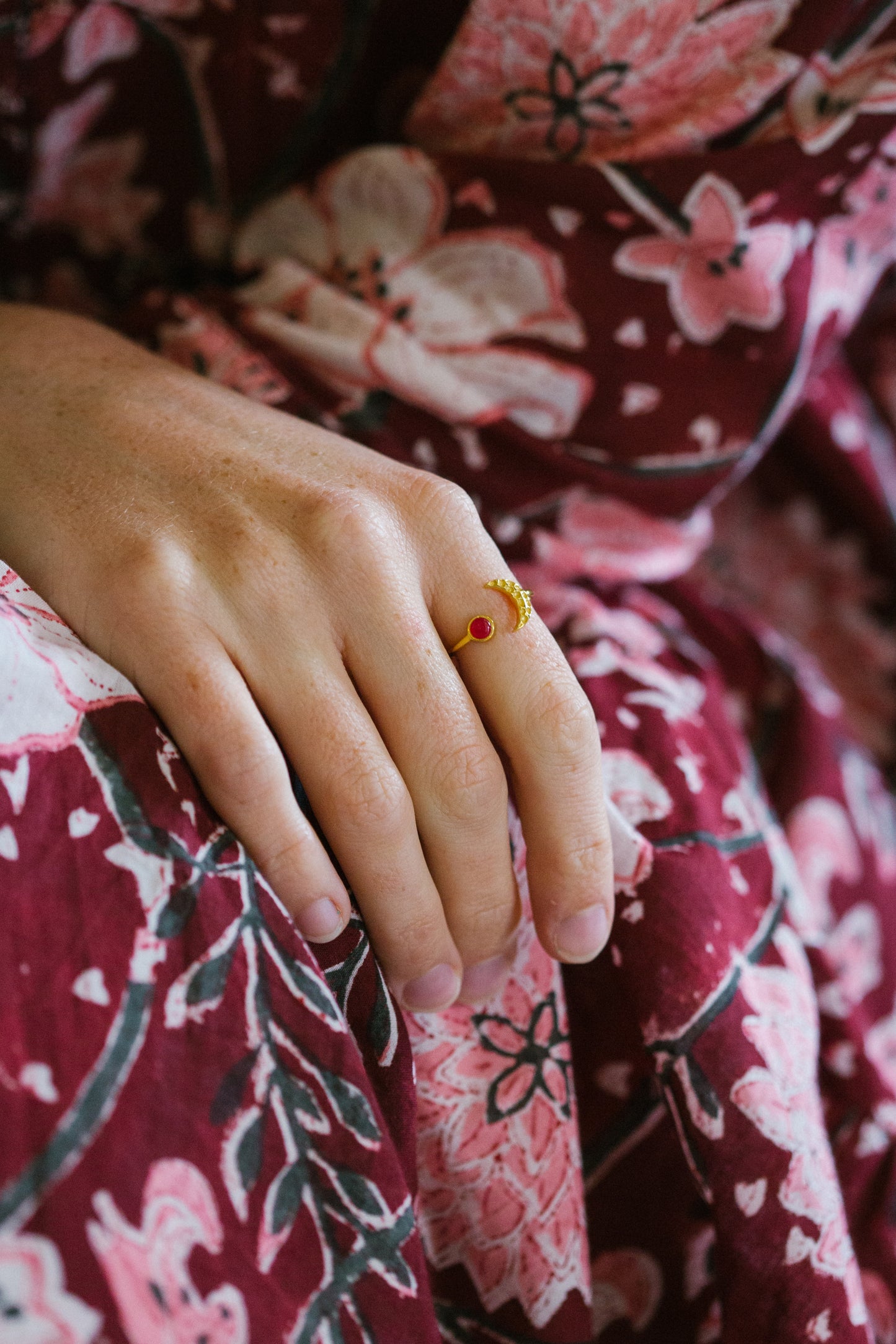 Gold Vermeil Moon Ring in Pink Chalcedony