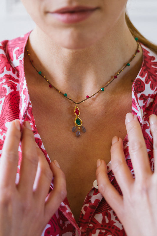 Gold Cotton Necklace with Pink Chalcedony, Green Onyx and Labradorite