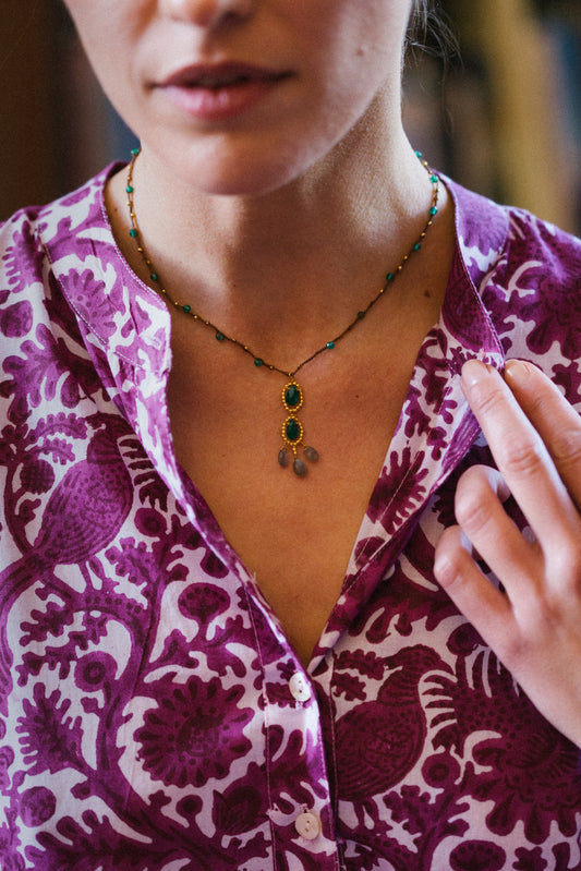 Gold Cotton Necklace with Green Onyx and Labradorite