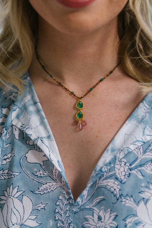 Gold Cotton Necklace with Green Onyx and Pink Tourmaline