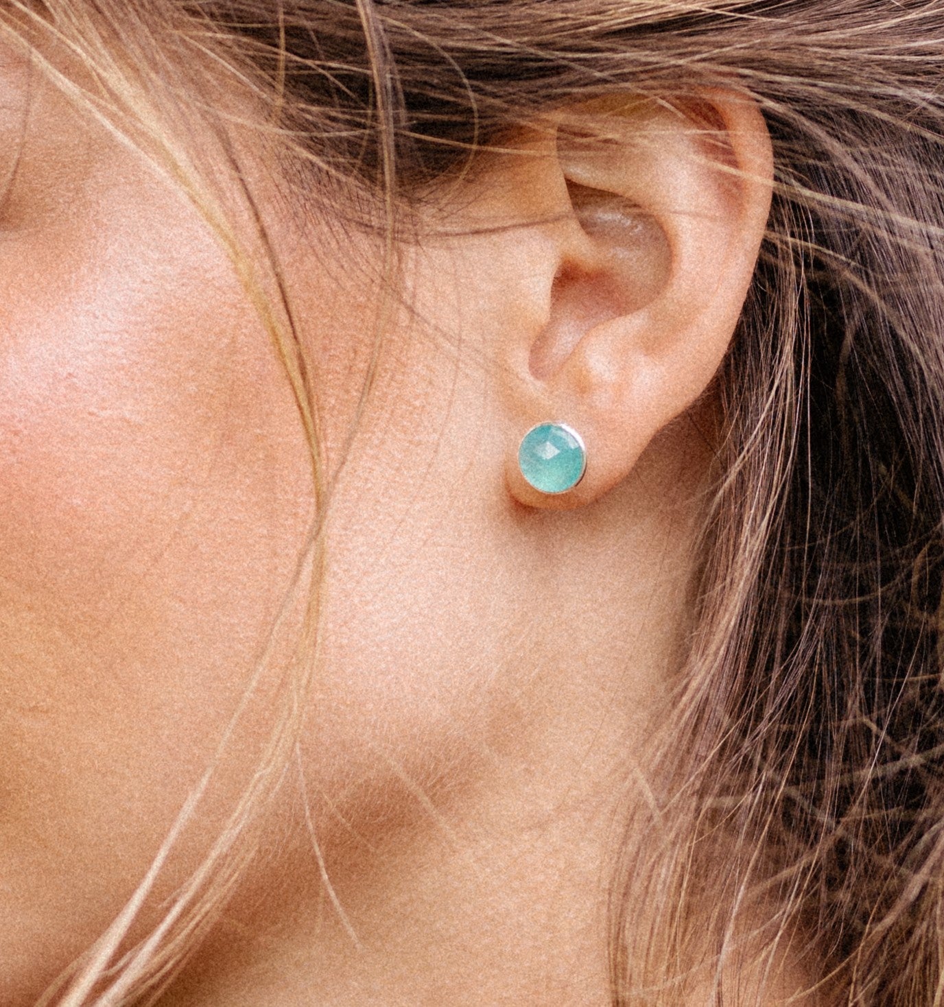 Sterling Silver Round Studs in Aqua Chalcedony