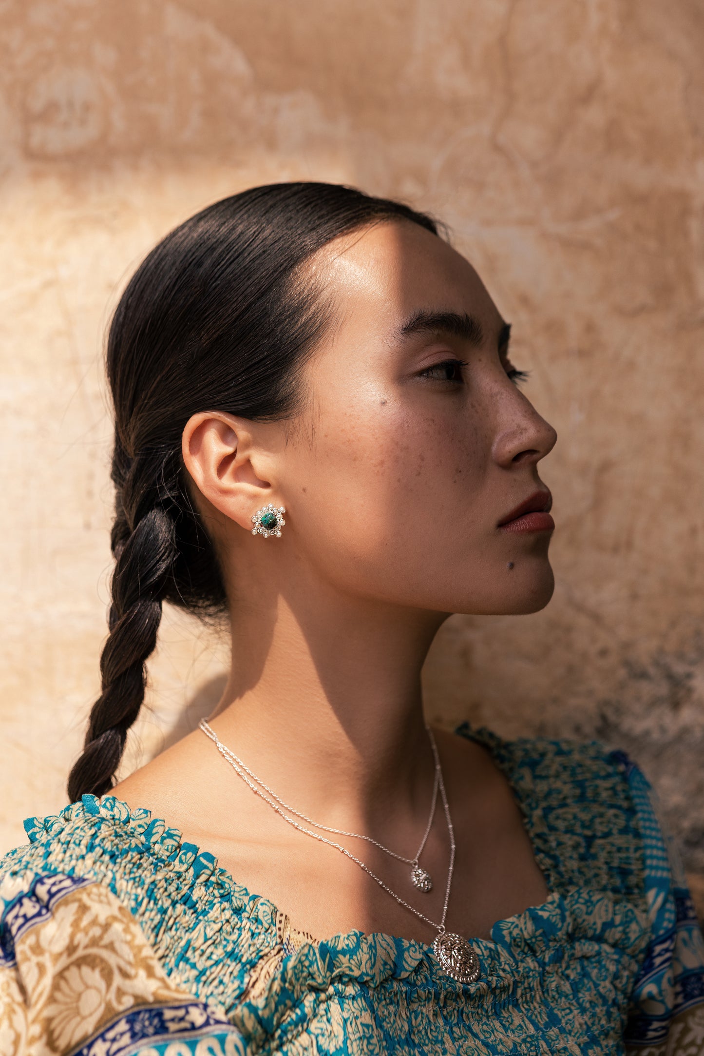 Chrysocolla Cabushion Cushion Pearl Stud Earring - Silver
