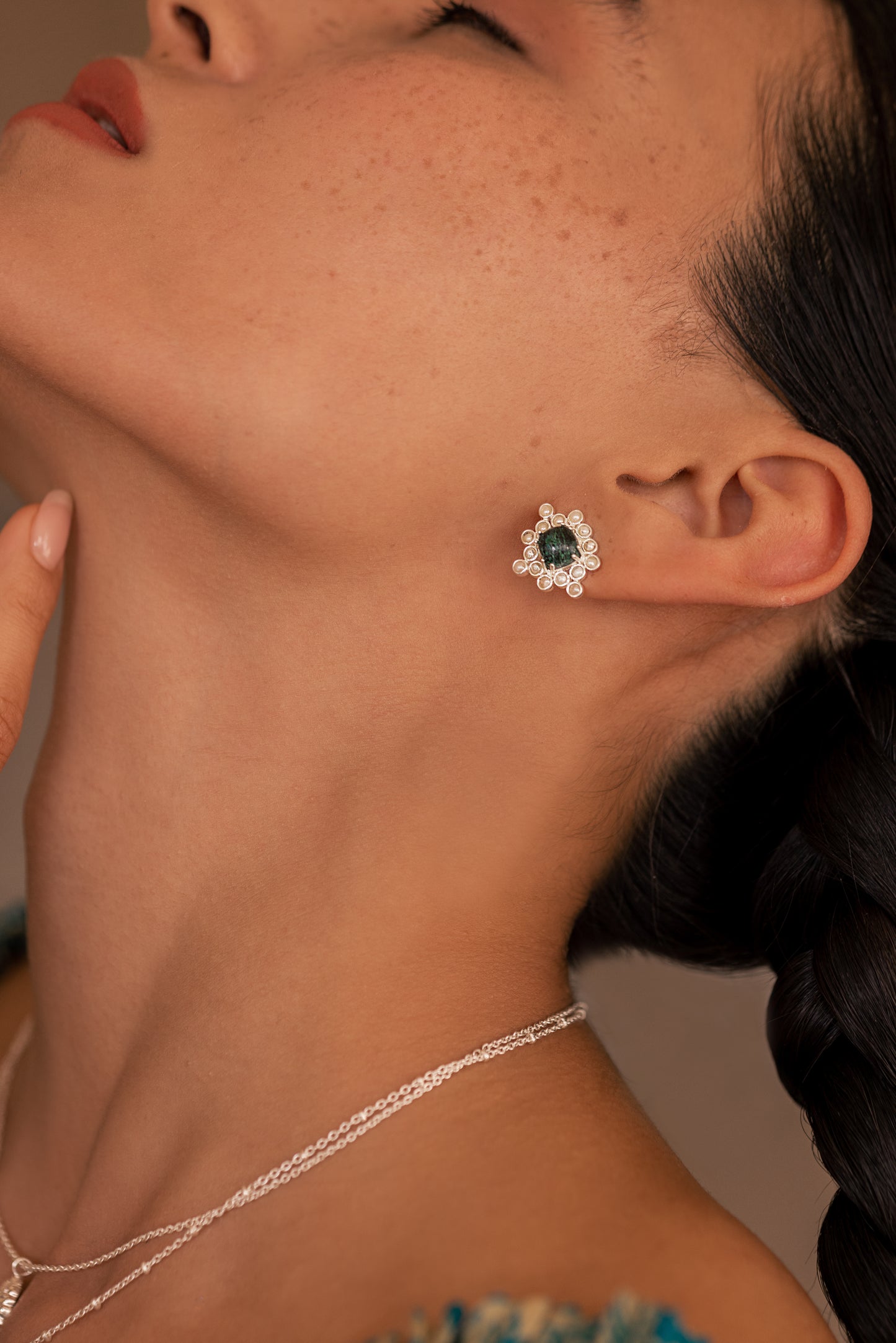 Chrysocolla Cabushion Cushion Pearl Stud Earring - Silver