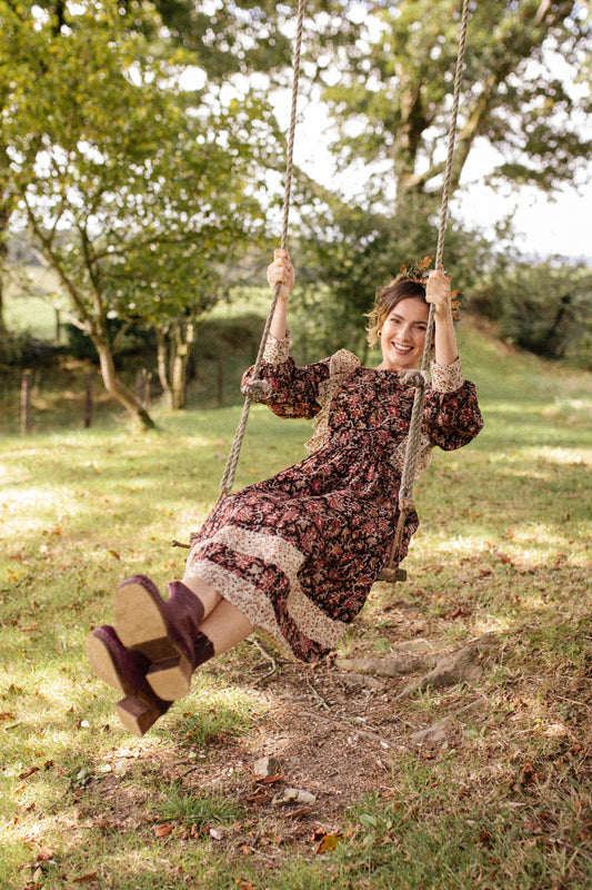 Willow Frill Dress in Midnight & Burnt Sienna