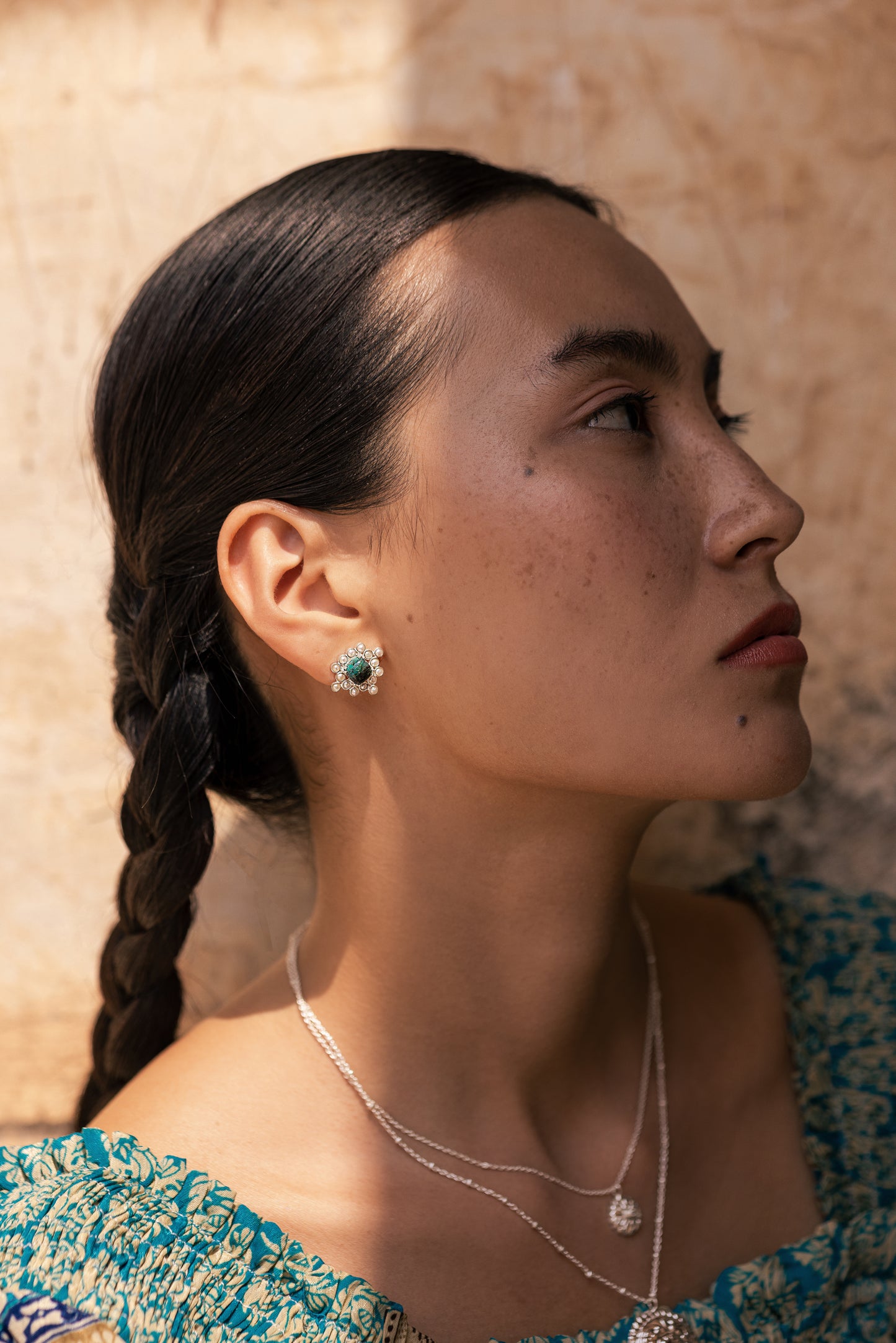 Chrysocolla Cabushion Cushion Pearl Stud Earring - Silver