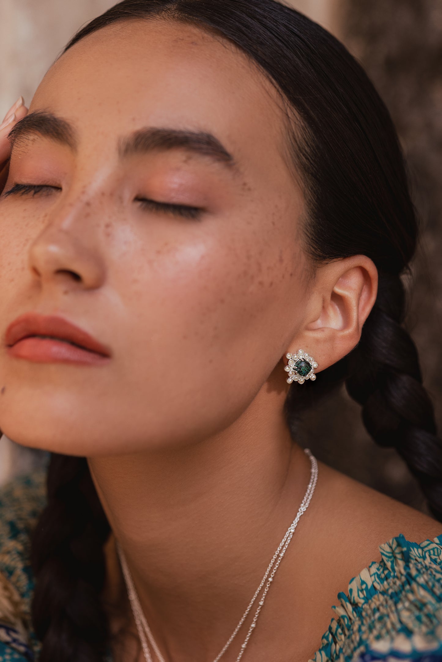 Chrysocolla Cabushion Cushion Pearl Stud Earring - Silver
