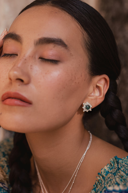 Chrysocolla Cabushion Cushion Pearl Stud Earring - Silver