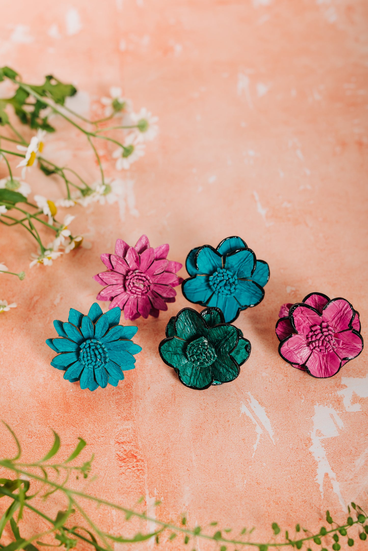 Leather Adjustable Sun Flower Ring - Pink (RING 106)