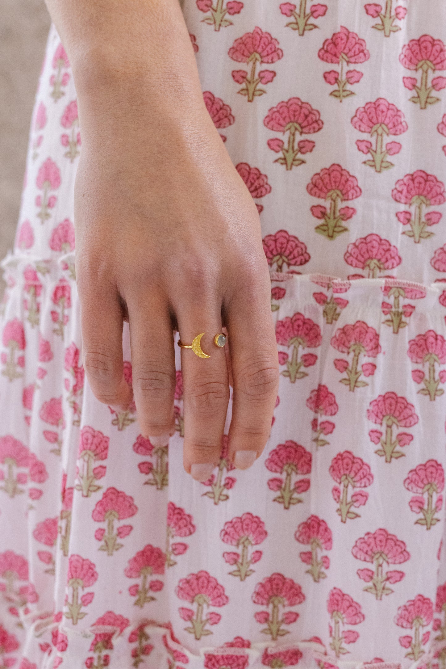 Gold Vermeil Moon Ring in Aqua Chalcedony