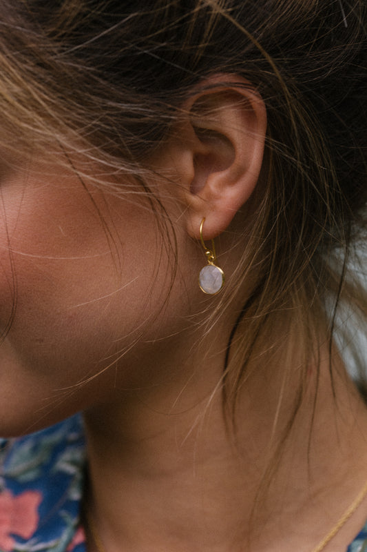 Gold Vermeil Hook Earrings in Rainbow Moonstone