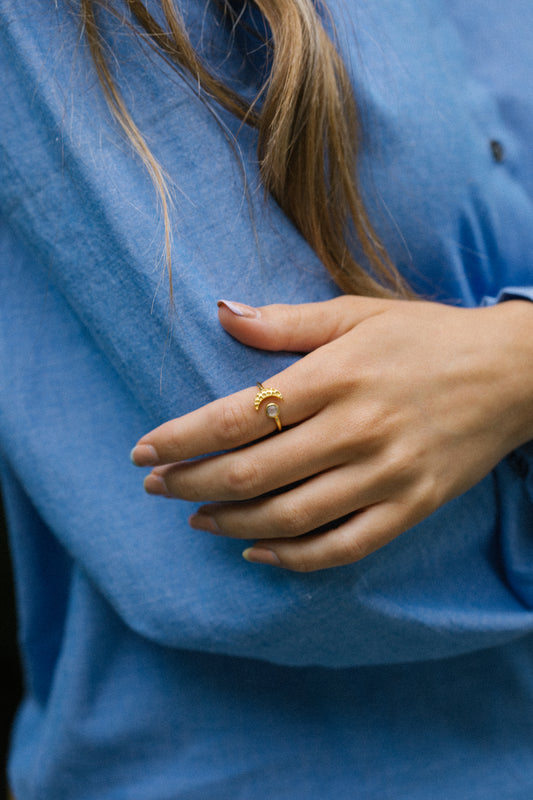 Gold Vermeil Moon Ring in Rainbow Moonstone