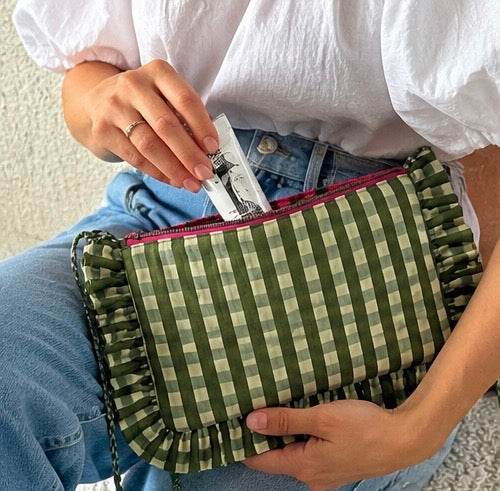 Ruffle Pouch/Bag  - Olive Gingham