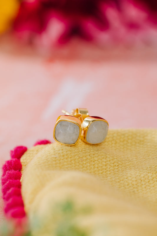 Gold Vermeil Square Studs in Rainbow Moonstone
