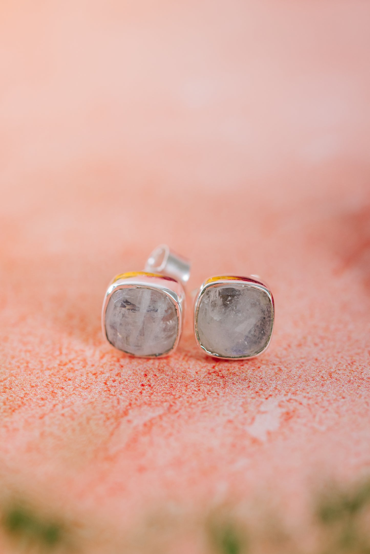 Sterling Silver Square Studs in Rainbow Moonstone