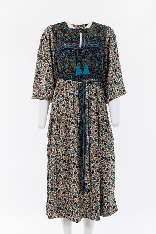 Lola Silk Dress S - Navy/Turquoise Paisley Print 079