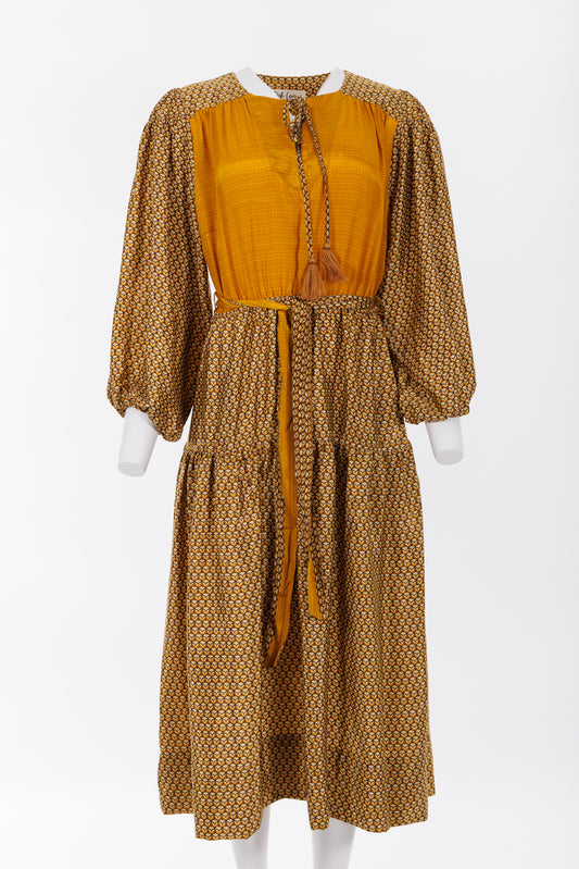 Lola Silk Dress M - Mustard/Brown Print 076