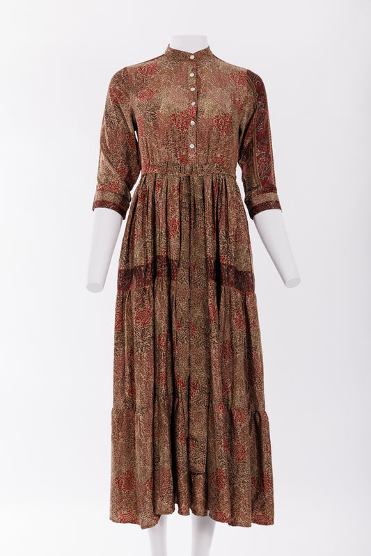 Prairie Round Neck Silk Dress XS - Beige/Red Leafy Print 019