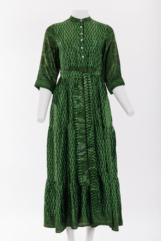 Prairie Round Neck Silk Dress S - Green Shimmer Paisley Print 028