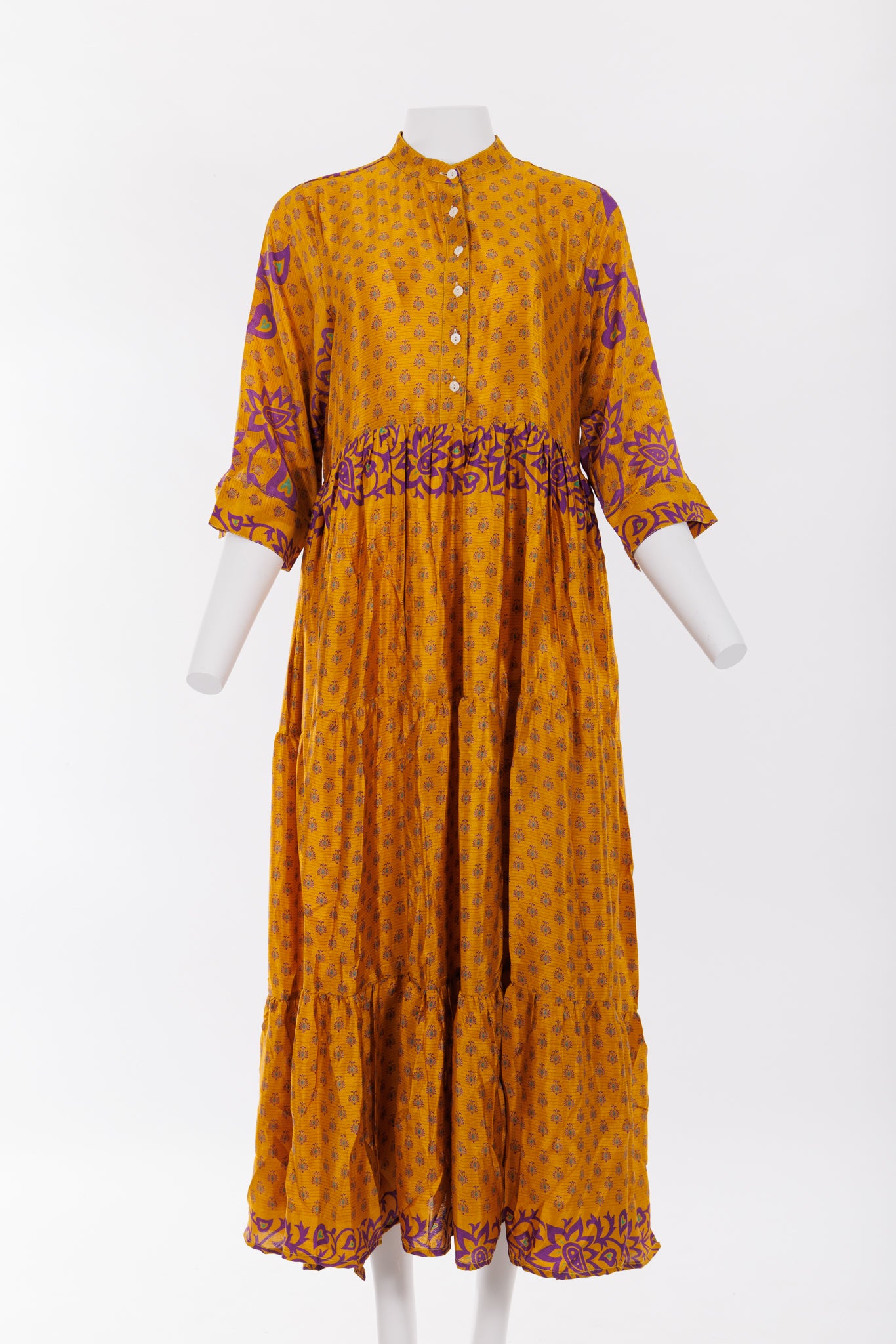 Prairie Round Neck Silk Dress Purple/Golden Yellow Print 046