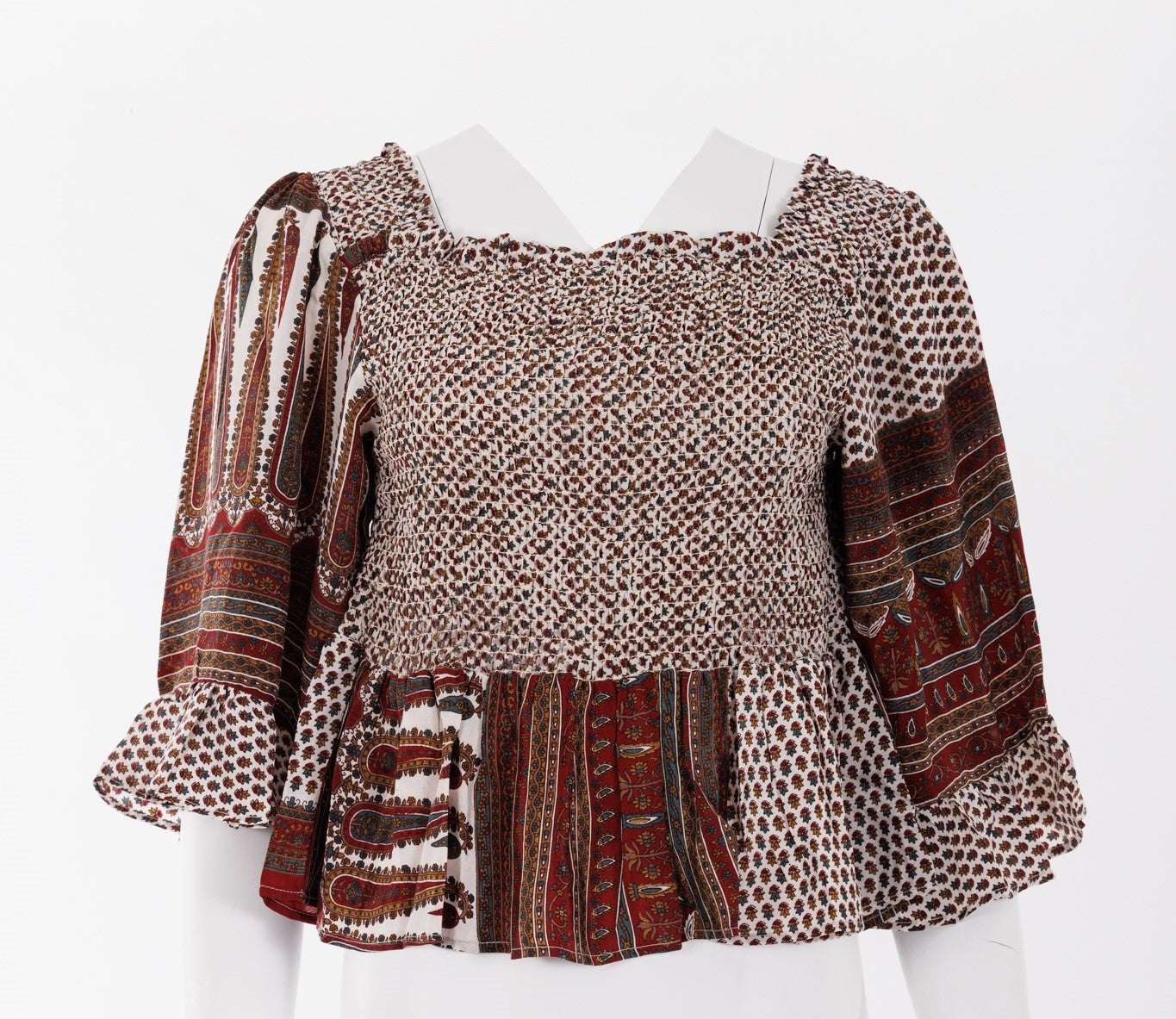 Joelyn Silk Smock Blouse - White/Burgundy Print 011