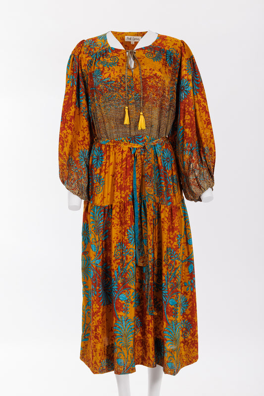 Lola Silk Dress L - Bright Gold/Rust/Turquoise Print 061