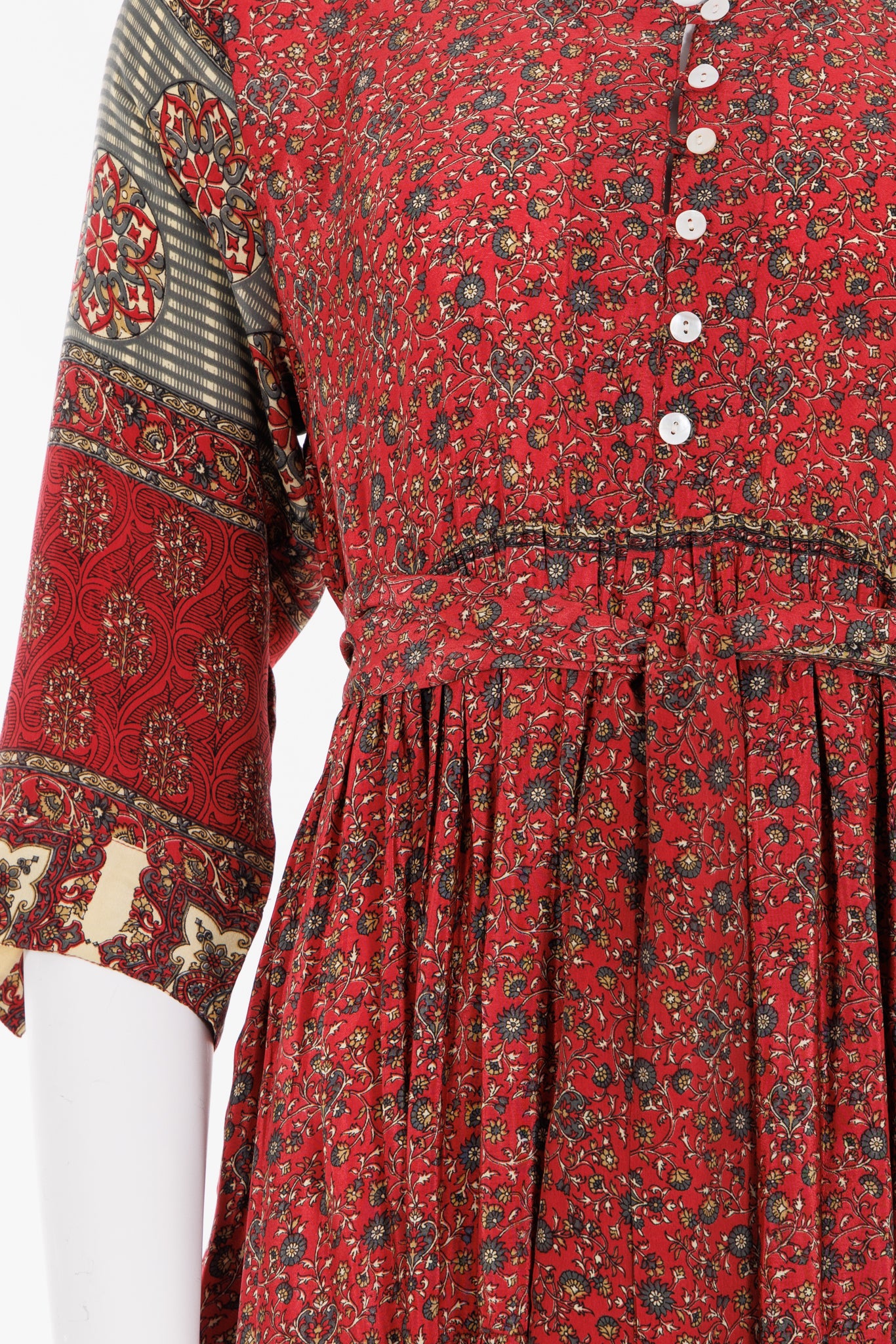 Prairie V-neck Silk Dress M - Red Floral 003